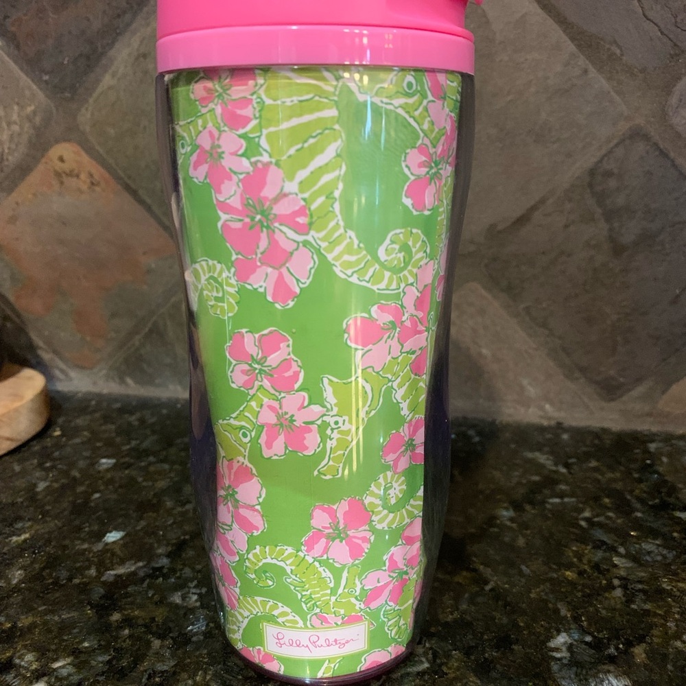 Pink and green Lilly Pulitzer plastic travel cup, 12 oz, dishwasher safe